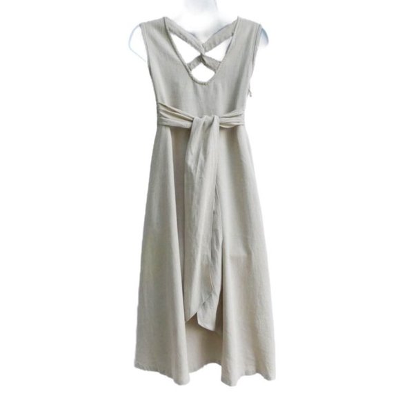 Vintage Peasant Midi Dress Fit Flare Empire Linen Blend Empire Twist Back Tie 14 - Picture 3 of 11